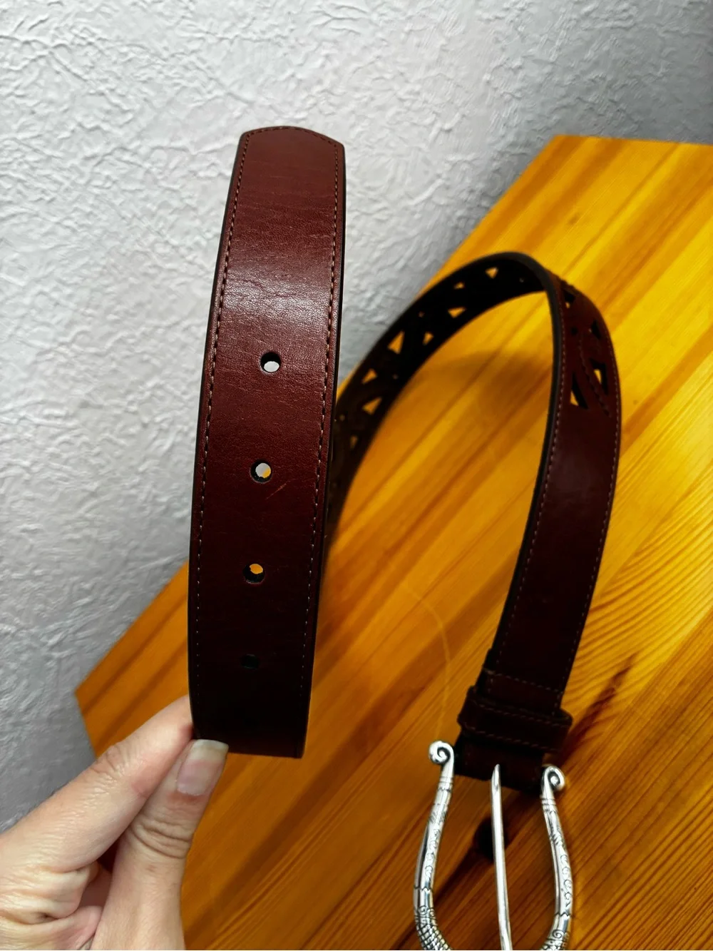 BRIGHTON Brown Leather laser cut belt and unique silver tone buckle